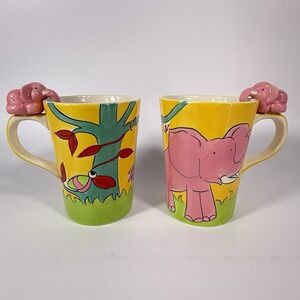Le Gourmet Chef Pink Elephant Figurine Coffee Mug Set Of 2 Hand Painted Tea Cups